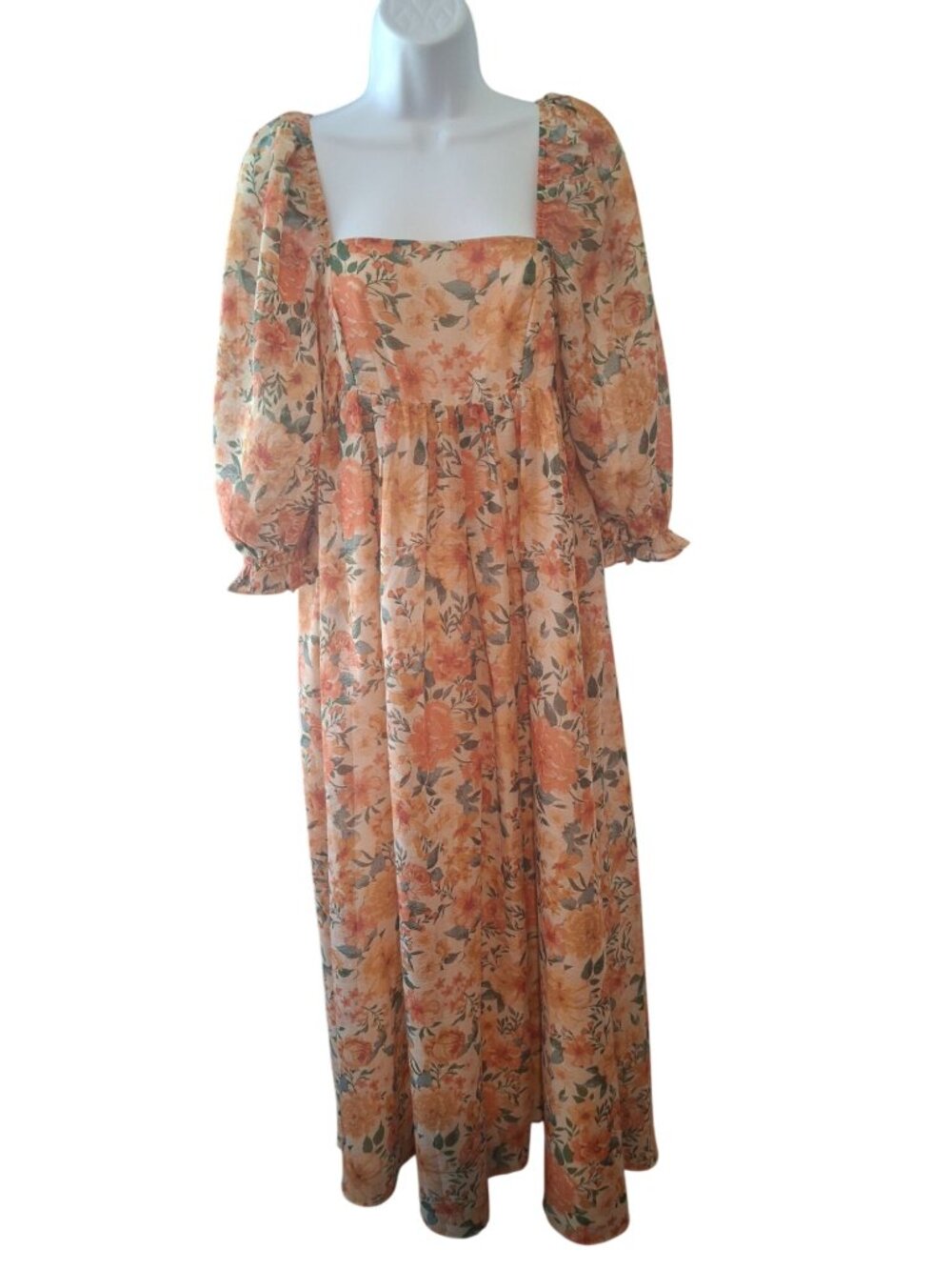 Storia Floral Maxi Dress S Orange Puff Sleeve Cottagecore Prairie Romantic Boho